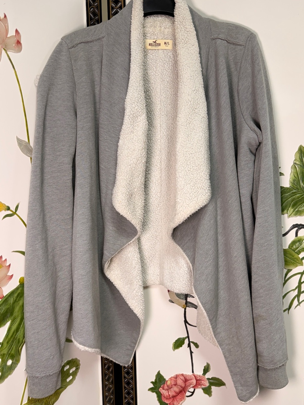 Hollister Gray with Open-Front Cardigan with Cream Sherpa cascading Lining yum!